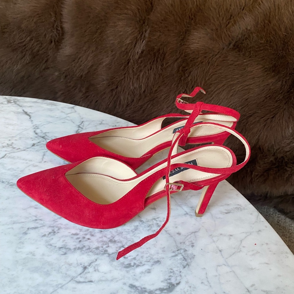 Nine West || Red Colored || Strappy Heels || Suede Leather || Velveteen